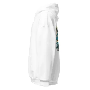 Vit hoodie med taxdesign, sedd från sidan – Surf Club