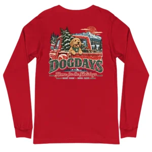 Röd långärmad T-shirt, bakifrån – Home For The Holidays
