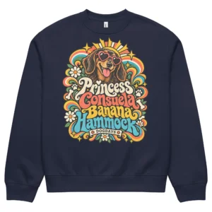 Marinblå crewneck med taxdesign, framifrån – PCBH