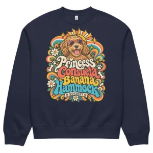 Marinblå crewneck med Labradoodle-design, framifrån – PCBH