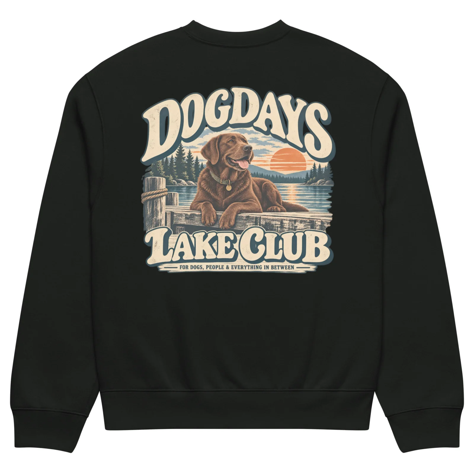 Vintage svart crewneck med Labrador-design, bakifrån – Lake Club