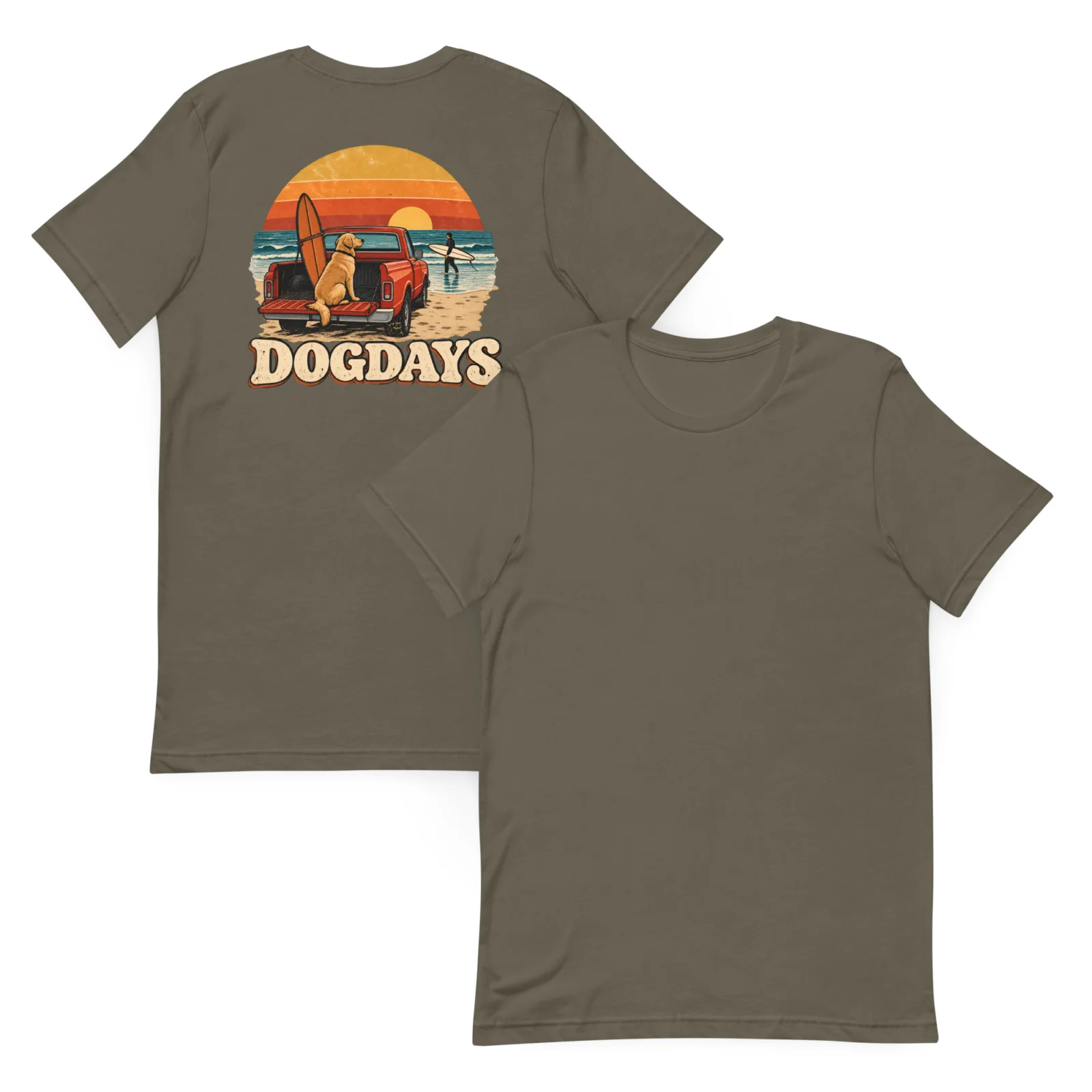 Militärgrön T-shirt med Golden Retriever-design, bakifrån – Surf Club