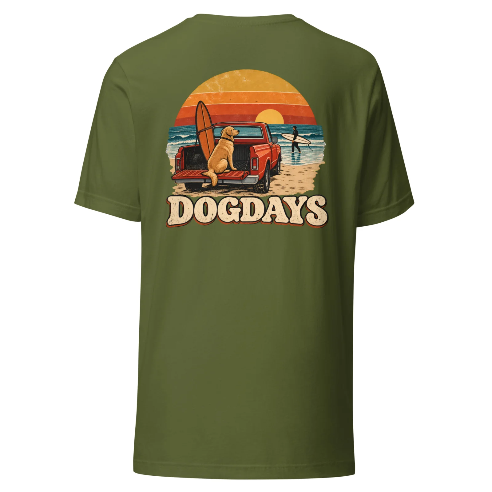 Olivgrön T-shirt med Golden Retriever-design, bakifrån – Surf Club