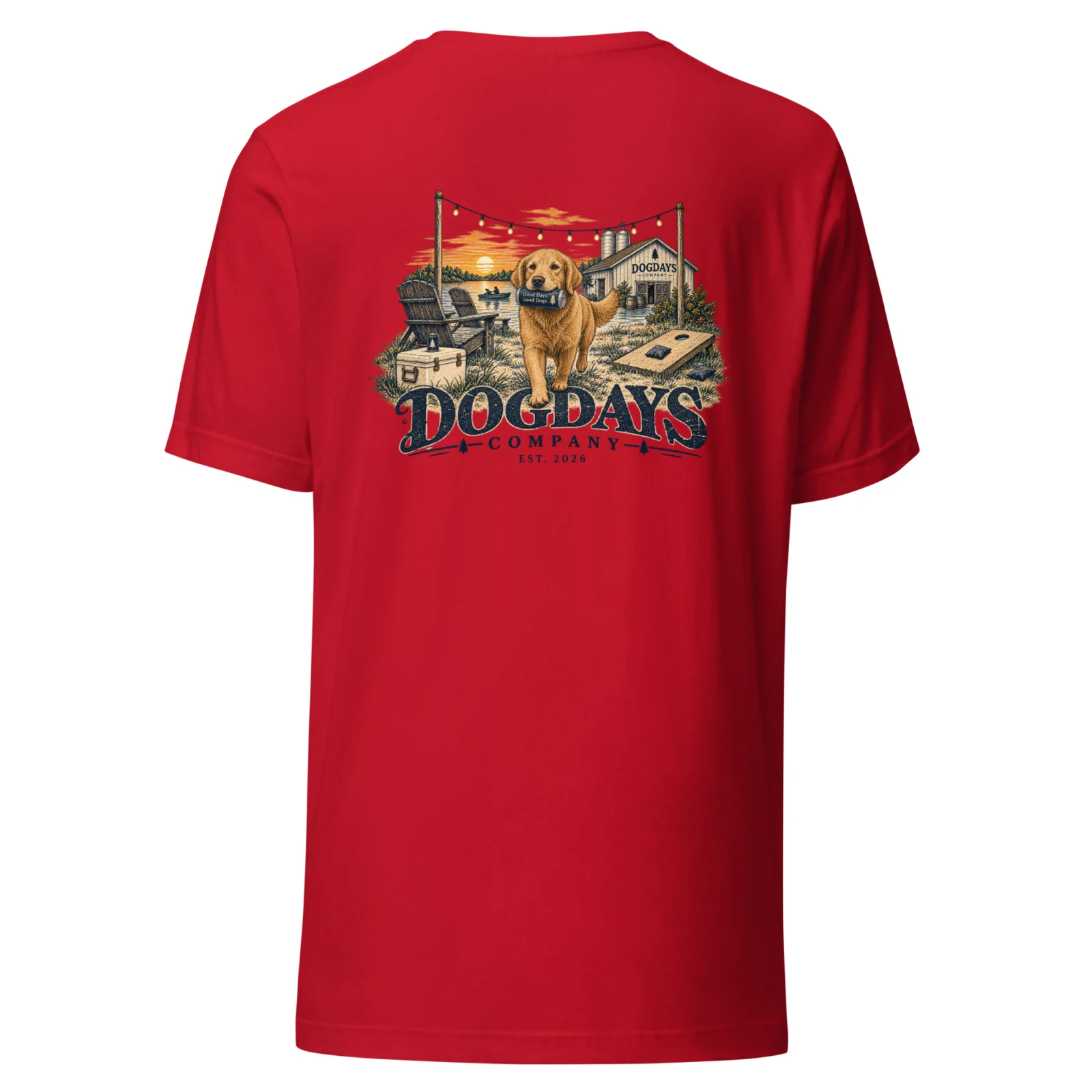 Röd T-shirt med Golden Retriever-design, bakifrån – Dogdays