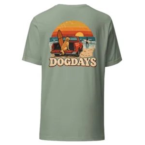 Salviagrön T-shirt med Golden Retriever-design, bakifrån – Surf Club