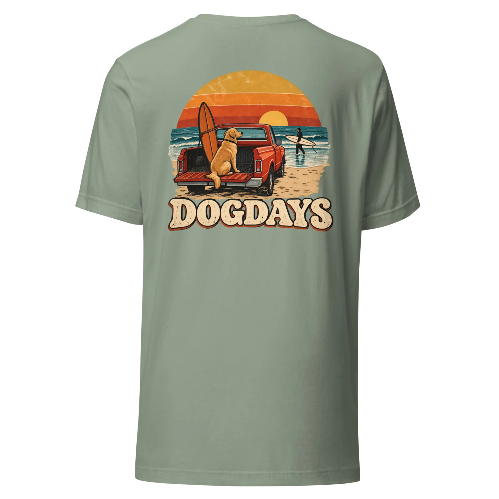 Salviagrön T-shirt med Golden Retriever-design, bakifrån – Surf Club