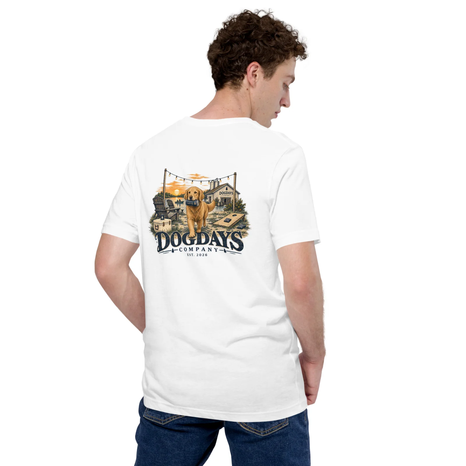 Vit T-shirt med Golden Retriever-design, bakifrån – Dogdays