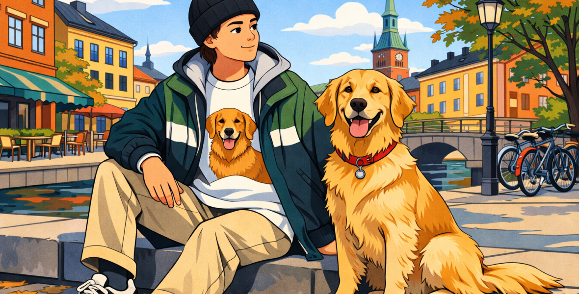 Avslappnad streetwear med hundmotiv - blog image about kläder med hundtryck outfit