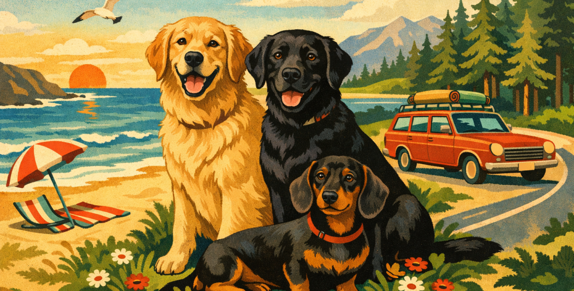 Strand, skog och bilresa med hundmotiv - blog image about hundmotiv vintage stil